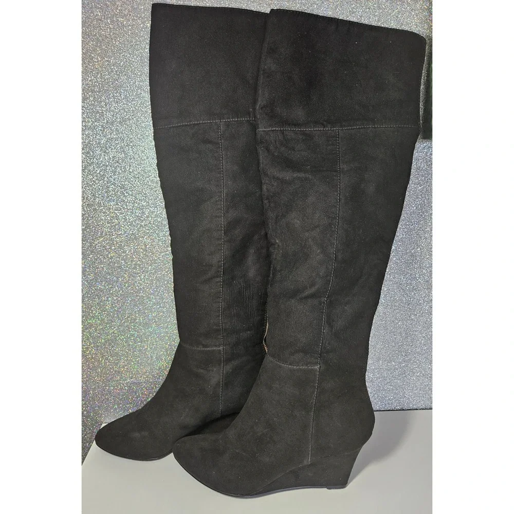 Nine West Black Suede Over The Knee Wedge Boots Women's 11 M